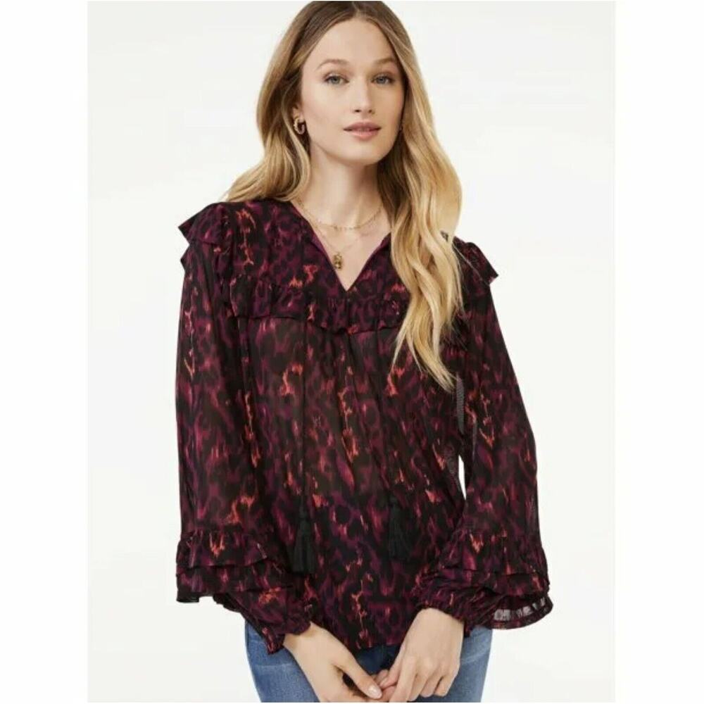 SCOOP Size L Blouse Purple Animal Print Ruffled Yoke Oversized Top Long Sleeves